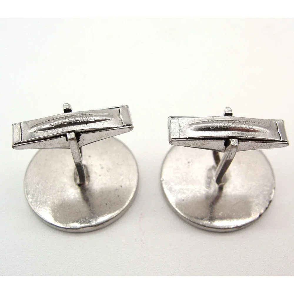 Vintage Sterling Silver Round Cufflinks Brush Textured Face Diamond Cut Edge MCM